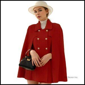 Wool Blend Cape Coat with Double-Breast Gold Buttons and Pockets